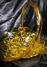 Load image into Gallery viewer, Vintage Indiana Glass Amber Yellow Handled Basket – Monticello / Constellation Pattern
