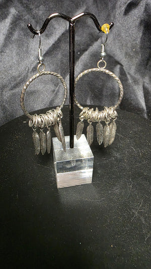 Vintage Silver-Tone Hoop Earrings with Feather Charms & Wire Wrap Accents