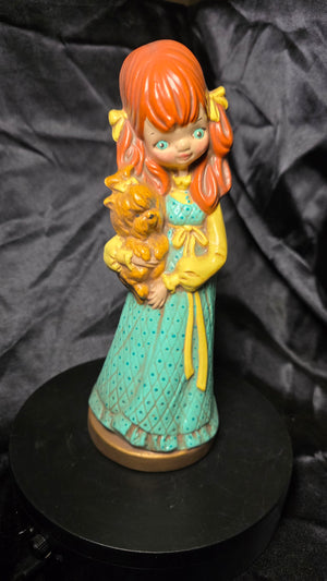 1970s Ceramic Girl with Dog Figurine Hand-Painted Mod Era