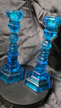 Load image into Gallery viewer, Pair of Fostoria “Henry Ford Museum” Copper Blue Argus Candlesticks – Mid-Century Glass Art Pair
