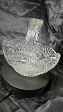 Load image into Gallery viewer, Vintage Clear Cut Glass Handled Basket with Etched Fruit &amp; Leaf Motif – Scalloped Rim Brides Basket

