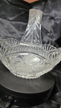 Load image into Gallery viewer, Vintage Clear Cut Glass Handled Basket with Etched Fruit &amp; Leaf Motif – Scalloped Rim Brides Basket
