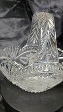 Load image into Gallery viewer, Vintage Clear Cut Glass Handled Basket with Etched Fruit &amp; Leaf Motif – Scalloped Rim Brides Basket
