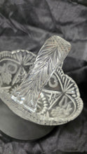 Load image into Gallery viewer, Vintage Clear Cut Glass Handled Basket with Etched Fruit &amp; Leaf Motif – Scalloped Rim Brides Basket
