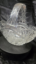 Load image into Gallery viewer, Vintage Clear Cut Glass Handled Basket with Etched Fruit &amp; Leaf Motif – Scalloped Rim Brides Basket

