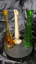 Load image into Gallery viewer, Mid-Century Glass Bud Vase Trio – Amber Hobnail Fenton, Satin Hand Westmoreland, and Emerald Starburst Anchor Hocking Set
