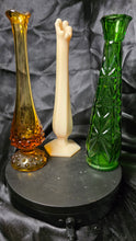Load image into Gallery viewer, Mid-Century Glass Bud Vase Trio – Amber Hobnail Fenton, Satin Hand Westmoreland, and Emerald Starburst Anchor Hocking Set
