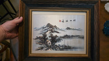 Load image into Gallery viewer, Vintage Chinese Shan Shui Landscape Painting on Silk – Hand-Painted Mountain &amp; Lake Scene in Rustic Wood Frame
