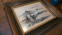 Load image into Gallery viewer, Vintage Chinese Shan Shui Landscape Painting on Silk – Hand-Painted Mountain &amp; Lake Scene in Rustic Wood Frame
