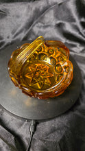 Load image into Gallery viewer, Vintage L.E. Smith Moon &amp; Stars Amber Glass Split-Handle Basket – Mid-Century Pressed Glass Candy Dish
