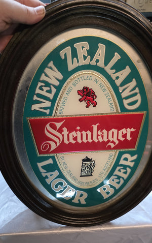Vintage Steinlager New Zealand Lager Beer Oval Mirror Sign in Wood Frame – Bar Decor