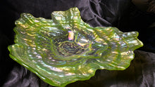 Load image into Gallery viewer, Vintage Iridescent Green Ruffled Art Glass Bowl – Carnival Style Freeform Dish
