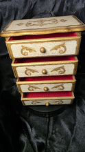 Load image into Gallery viewer, Vintage Florentine-Style Jewelry Box Chest – Gold Gilt Wood, Red Velvet Drawers, Made in Japan
