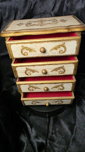 Vintage Florentine-Style Jewelry Box Chest – Gold Gilt Wood, Red Velvet Drawers, Made in Japan