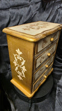 Load image into Gallery viewer, Vintage Florentine-Style Jewelry Box Chest – Gold Gilt Wood, Red Velvet Drawers, Made in Japan
