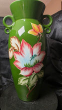Load image into Gallery viewer, Vintage Japanese Hand-Painted Green Ceramic Vase – Twin Loop Handles, Lotus Floral Design

