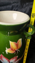 Load image into Gallery viewer, Vintage Japanese Hand-Painted Green Ceramic Vase – Twin Loop Handles, Lotus Floral Design
