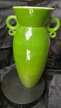 Load image into Gallery viewer, Vintage Japanese Hand-Painted Green Ceramic Vase – Twin Loop Handles, Lotus Floral Design
