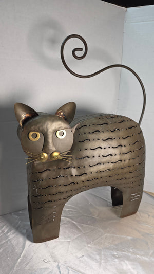 Vintage Brutalist Metal Cat Candle Lantern Sculpture – Folk Art Votive Decor