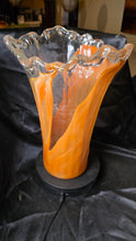 Load image into Gallery viewer, Hand-Blown Orange &amp; Clear Art Glass Swung Vase with Ruffled Rim
