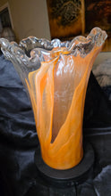 Load image into Gallery viewer, Hand-Blown Orange &amp; Clear Art Glass Swung Vase with Ruffled Rim
