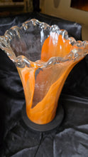 Load image into Gallery viewer, Hand-Blown Orange &amp; Clear Art Glass Swung Vase with Ruffled Rim
