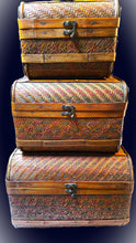 Load image into Gallery viewer, Vintage Woven Bamboo Nesting Trunk Set (3-Piece) with Domed Lids &amp; Brass Latches
