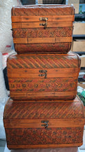Load image into Gallery viewer, Vintage Woven Bamboo Nesting Trunk Set (3-Piece) with Domed Lids &amp; Brass Latches
