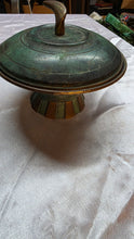 Load image into Gallery viewer, Vintage Israeli Verdigris Brass Lidded Bowl – Sculptural Mid-Century Pedestal Dish
