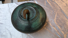 Load image into Gallery viewer, Vintage Israeli Verdigris Brass Lidded Bowl – Sculptural Mid-Century Pedestal Dish
