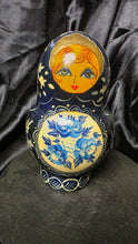 Load image into Gallery viewer, Hand-Painted Russian Matryoshka Nesting Dolls – Blue &amp; Gold Floral Set of Five
