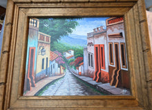 गैलरी व्यूवर में इमेज लोड करें, Vintage Signed Mexican Street Scene Oil Painting in Rustic Carved Wood Frame
