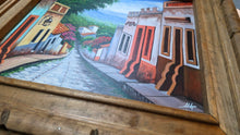 गैलरी व्यूवर में इमेज लोड करें, Vintage Signed Mexican Street Scene Oil Painting in Rustic Carved Wood Frame
