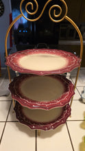 Load image into Gallery viewer, Gibson Everyday Gardino Rosso 3 Tier Serving Stand Red Hand Painted Dessert Tray
