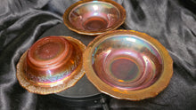 将图片加载到图库查看器，Vintage Federal Glass Normandie Marigold Carnival Glass Dessert Bowls – Lattice &amp; Bouquet Pattern (Set of 3)
