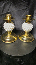Load image into Gallery viewer, Vintage Milk Glass Hobnail &amp; Brass Candlestick Holders – Made in Japan
