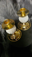 Load image into Gallery viewer, Vintage Milk Glass Hobnail &amp; Brass Candlestick Holders – Made in Japan
