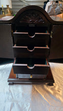 Cargar imagen en el visor de la galería, Vintage Mahogany-Style Tabletop Jewelry Armoire Cabinet with Drawers &amp; Necklace Doors
