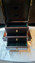 Cargar imagen en el visor de la galería, Vintage Mahogany-Style Tabletop Jewelry Armoire Cabinet with Drawers &amp; Necklace Doors
