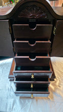 Cargar imagen en el visor de la galería, Vintage Mahogany-Style Tabletop Jewelry Armoire Cabinet with Drawers &amp; Necklace Doors
