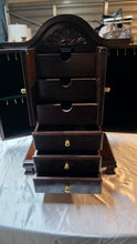 Cargar imagen en el visor de la galería, Vintage Mahogany-Style Tabletop Jewelry Armoire Cabinet with Drawers &amp; Necklace Doors
