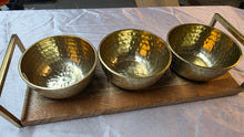 Load image into Gallery viewer, Mid-Century Modern Hammered Brass Triple Bowl Serving Set on Wood Tray
