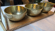 Load image into Gallery viewer, Mid-Century Modern Hammered Brass Triple Bowl Serving Set on Wood Tray
