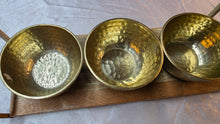 Load image into Gallery viewer, Mid-Century Modern Hammered Brass Triple Bowl Serving Set on Wood Tray
