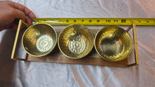 Load image into Gallery viewer, Mid-Century Modern Hammered Brass Triple Bowl Serving Set on Wood Tray
