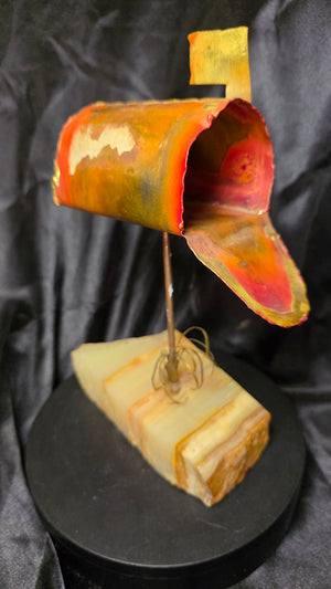 Vintage Brutalist Copper Mailbox Sculpture by Steve Anderson Onyx Base