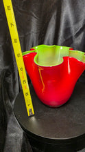 Load image into Gallery viewer, Gorgeous Designs Handblown Cased Glass Handkerchief Vase Ruby Red Chartreuse
