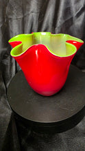 Load image into Gallery viewer, Gorgeous Designs Handblown Cased Glass Handkerchief Vase Ruby Red Chartreuse
