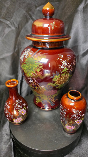 Vintage Japanese Porcelain Ginger Jar Set with Matching Bud Vases