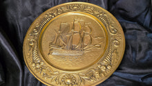 Load image into Gallery viewer, Vintage Embossed Brass Sailing Ship Wall Plate Made in England
